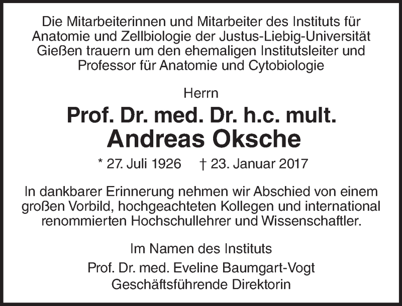  Traueranzeige für Andreas Oksche vom 28.01.2017 aus  Gießener Anzeiger