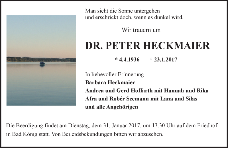  Traueranzeige für Peter Heckmaier vom 28.01.2017 aus Trauerportal Echo Online