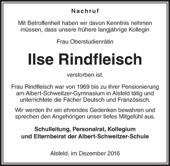 Traueranzeige von Ilse Rindfleisch von VRM Trauer