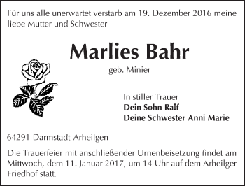 Traueranzeige von Marlies Bahr von Trauerportal Echo Online