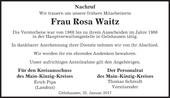 Traueranzeige von Rosa Waitz von  Gelnhäuser Tageblatt