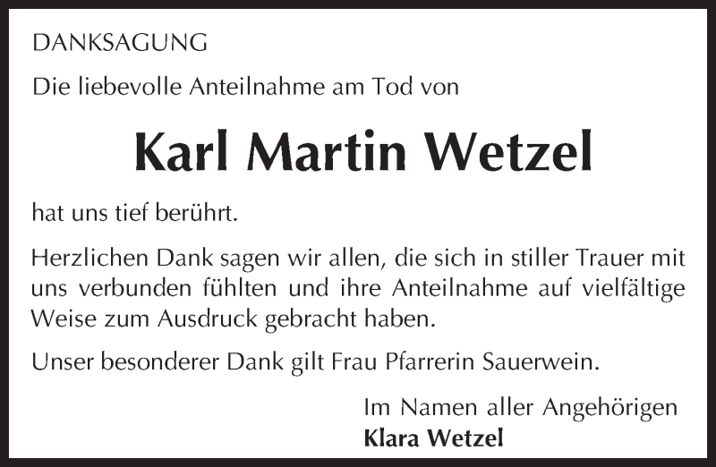  Traueranzeige für Karl Martin Wetzel vom 06.01.2017 aus Trauerportal Echo Online