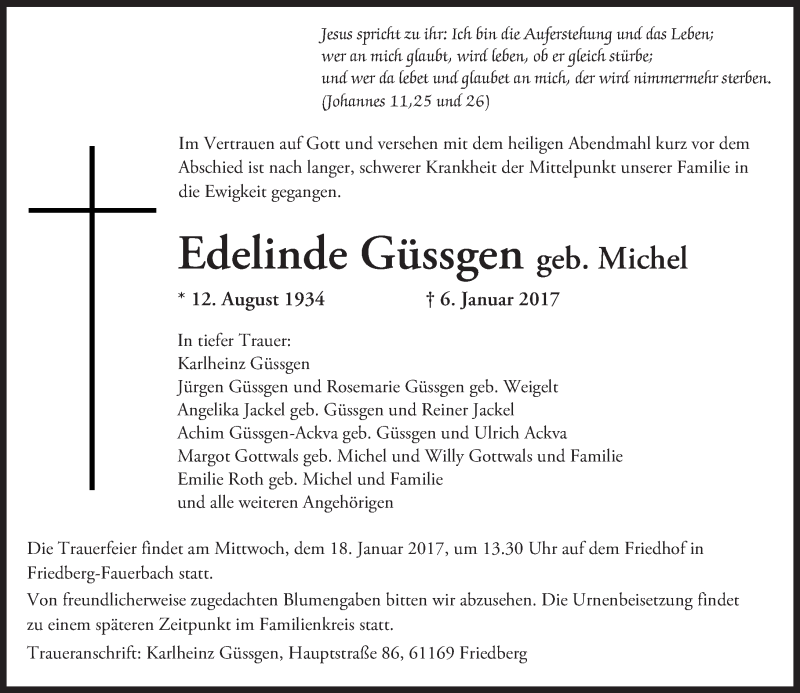  Traueranzeige für Edelinde Güssgen vom 12.01.2017 aus  Kreisanzeiger
