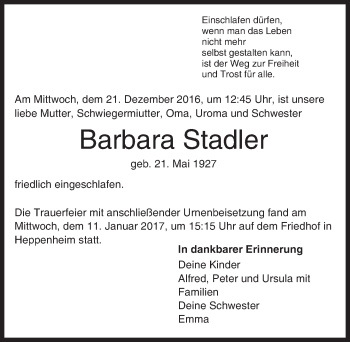 Traueranzeige von Barbara Stadler von Trauerportal Echo Online
