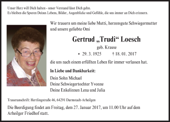 Traueranzeige von Gertrud Loesch von Trauerportal Echo Online