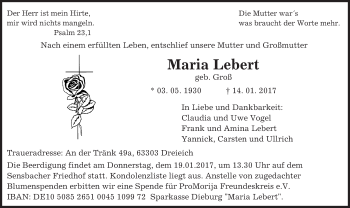 Traueranzeige von Maria Lebert von Trauerportal Echo Online