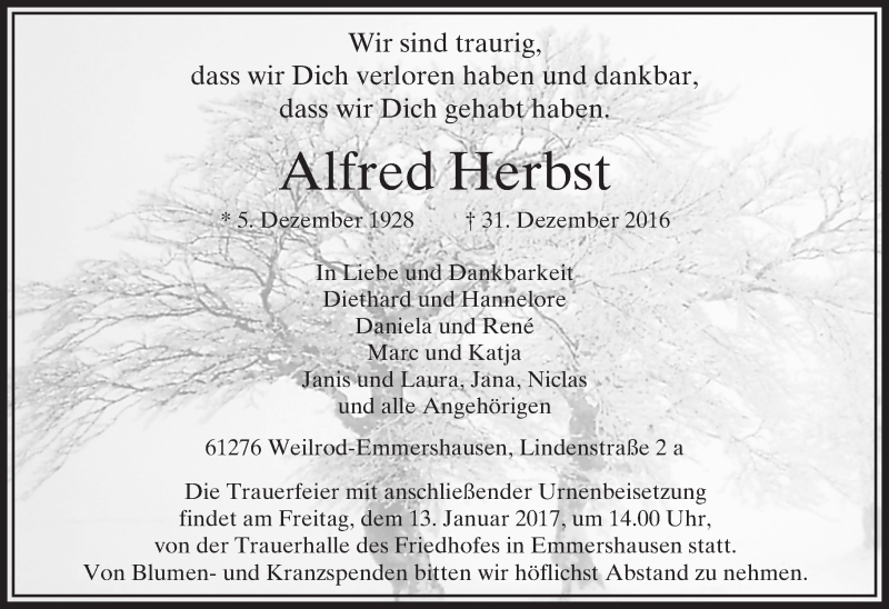  Traueranzeige für Alfred Herbst vom 07.01.2017 aus  Usinger Anzeiger