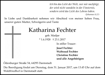 Traueranzeige von Katharina Fechter von Trauerportal Echo Online