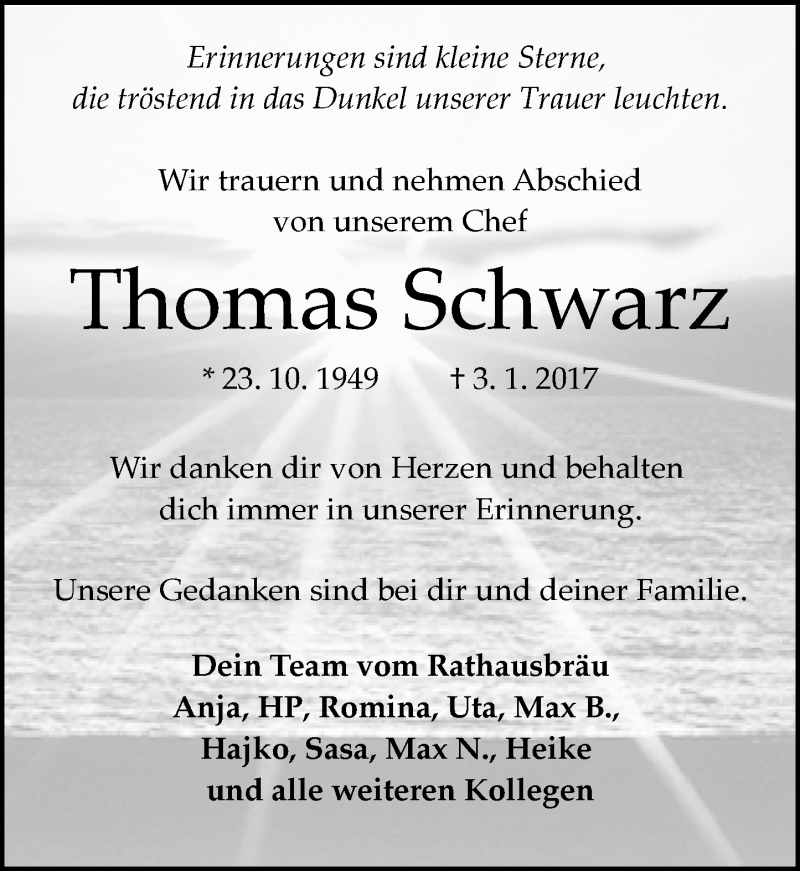  Traueranzeige für Thomas Schwarz vom 06.01.2017 aus Trauerportal Echo Online