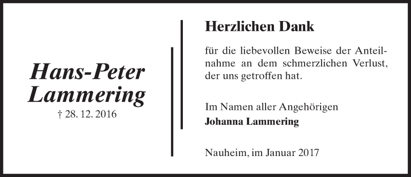  Traueranzeige für Hans-Peter Lammering vom 21.01.2017 aus Trauerportal Rhein Main Presse