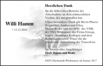 Traueranzeige von Willi Hamm von Trauerportal Echo Online