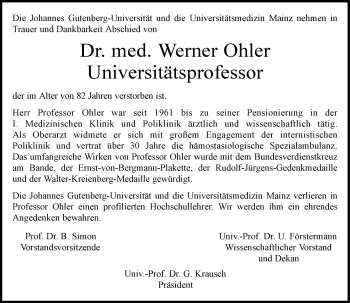 Traueranzeige von Werner Ohler von Trauerportal Rhein Main Presse