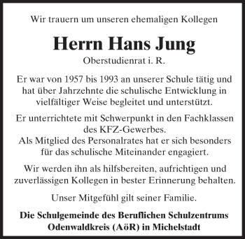 Traueranzeige von Hans Jung von Trauerportal Echo Online