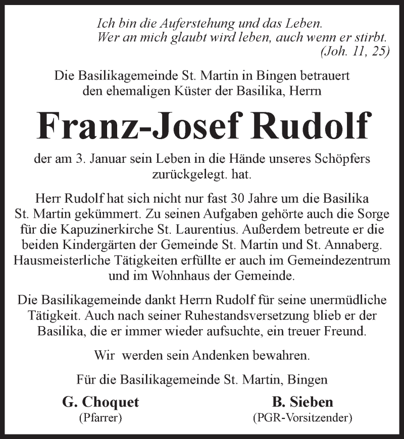  Traueranzeige für Franz-Josef Rudolf vom 10.01.2017 aus Trauerportal Rhein Main Presse