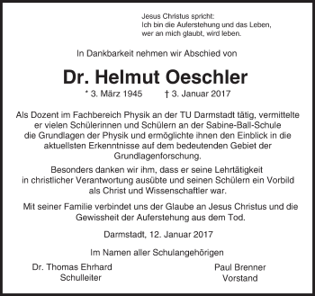 Traueranzeige von Helmut Oeschler von Trauerportal Echo Online