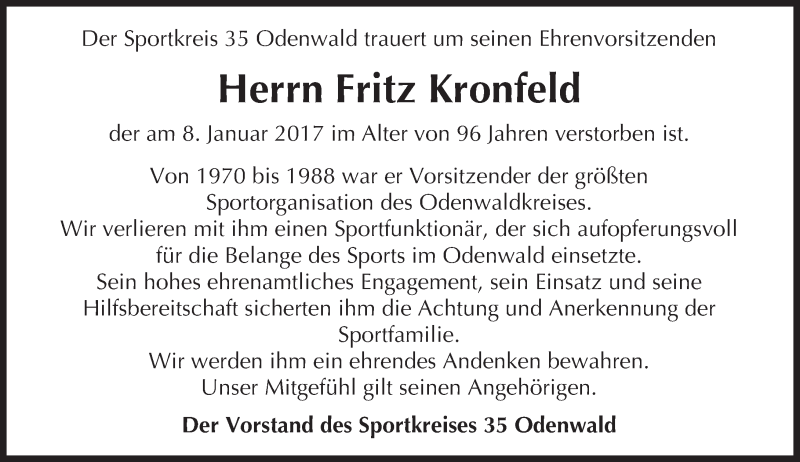  Traueranzeige für Fritz Kronfeld vom 17.01.2017 aus Trauerportal Echo Online