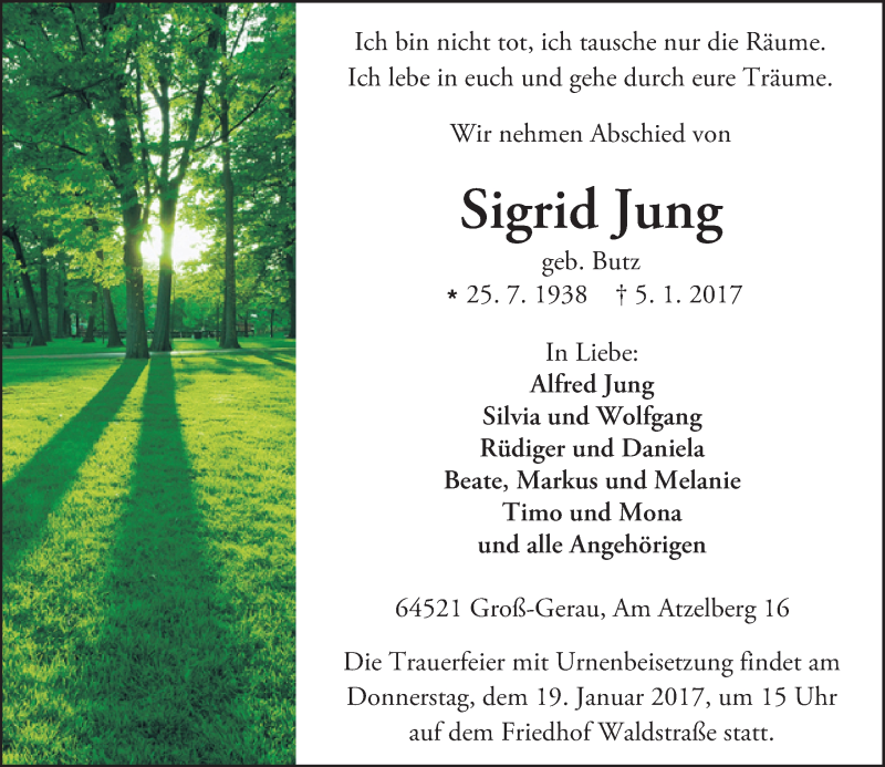  Traueranzeige für Sigrid Jung vom 14.01.2017 aus Trauerportal Echo Online