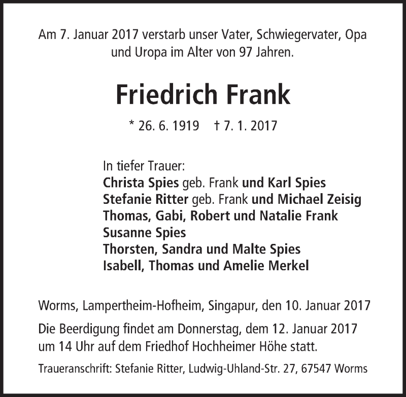  Traueranzeige für Friedrich Frank vom 10.01.2017 aus Trauerportal Rhein Main Presse