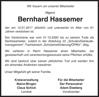 Traueranzeige von Bernhard Hassemer von Trauerportal Rhein Main Presse
