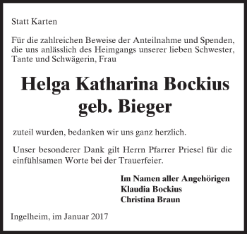 Traueranzeige von Helga Katharina Bockius von Trauerportal Rhein Main Presse