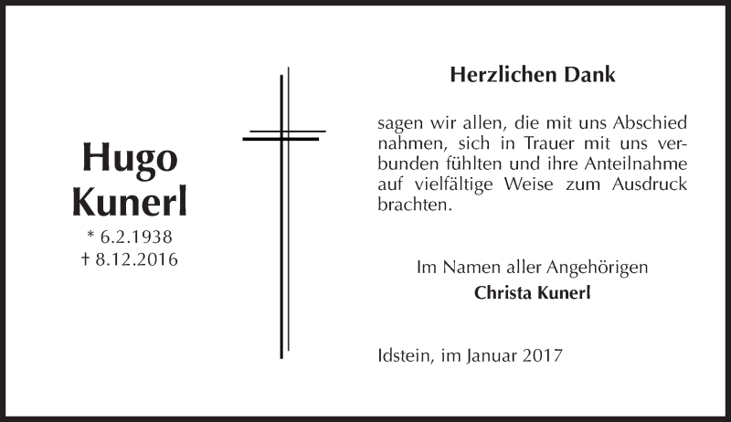 Traueranzeige für Hugo Kunerl vom 07.01.2017 aus Trauerportal Rhein Main Presse