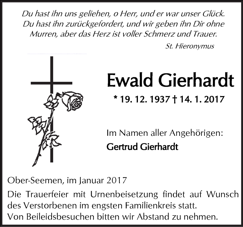 Traueranzeige für Ewald Gierhardt vom 25.01.2017 aus  Kreisanzeiger