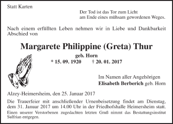 Traueranzeige von Margarete Philippine  Thur von Trauerportal Rhein Main Presse