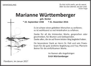 Traueranzeige von Marianne Württemberger von Trauerportal Rhein Main Presse