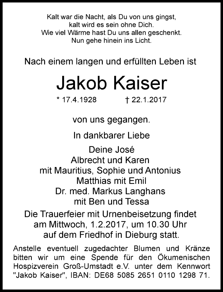  Traueranzeige für Jakob Kaiser vom 28.01.2017 aus Trauerportal Echo Online