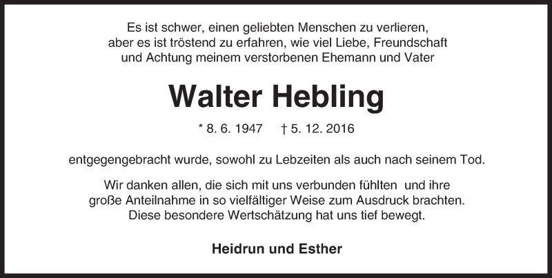  Traueranzeige für Walter Hebling vom 11.01.2017 aus Trauerportal Rhein Main Presse