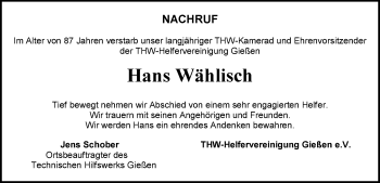 Traueranzeige von Hans Wählisch von  Gießener Anzeiger