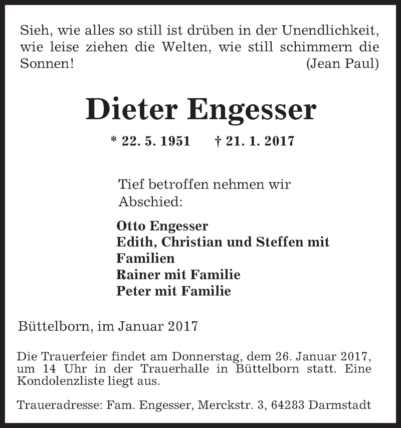  Traueranzeige für Dieter Engesser vom 25.01.2017 aus Trauerportal Rhein Main Presse