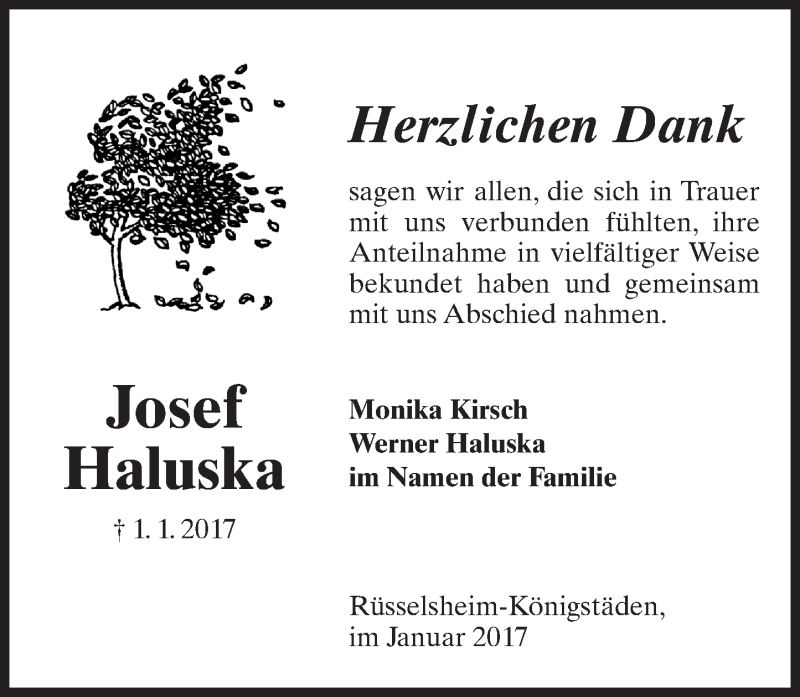  Traueranzeige für Josef Haluska vom 21.01.2017 aus Trauerportal Rhein Main Presse