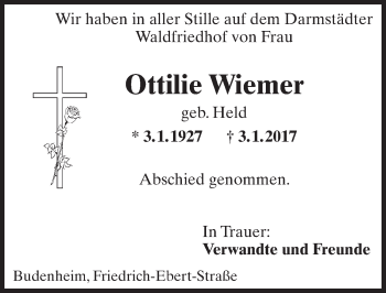 Traueranzeige von Ottilie Wiemer von Trauerportal Rhein Main Presse