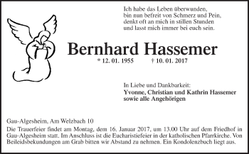 Traueranzeige von Bernhard Hassemer von Trauerportal Rhein Main Presse