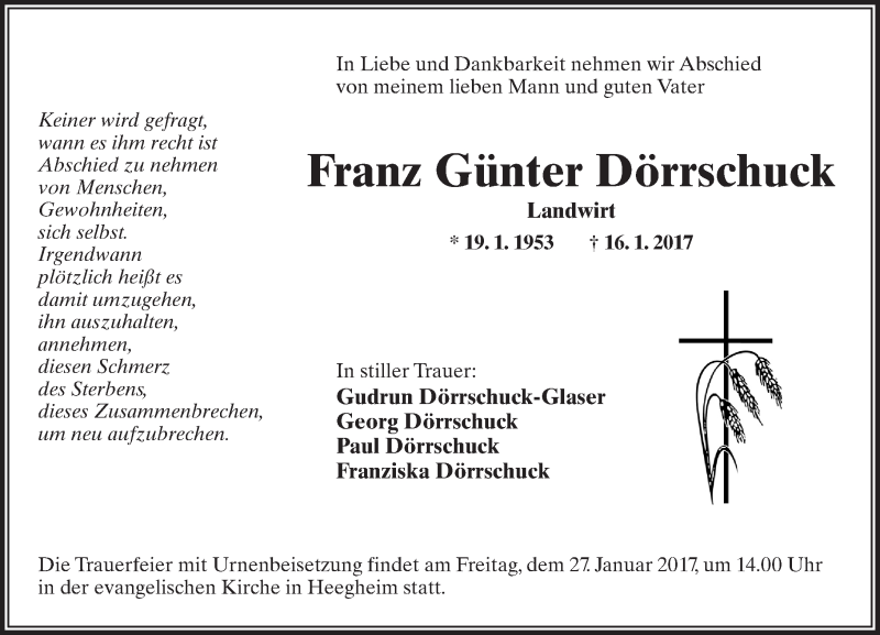  Traueranzeige für Franz Günter Dörrschuck vom 21.01.2017 aus  Kreisanzeiger