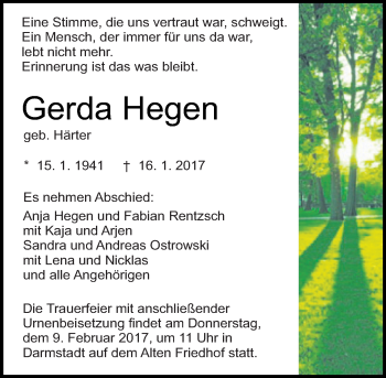 Traueranzeige von Gerda Hegen von Trauerportal Echo Online