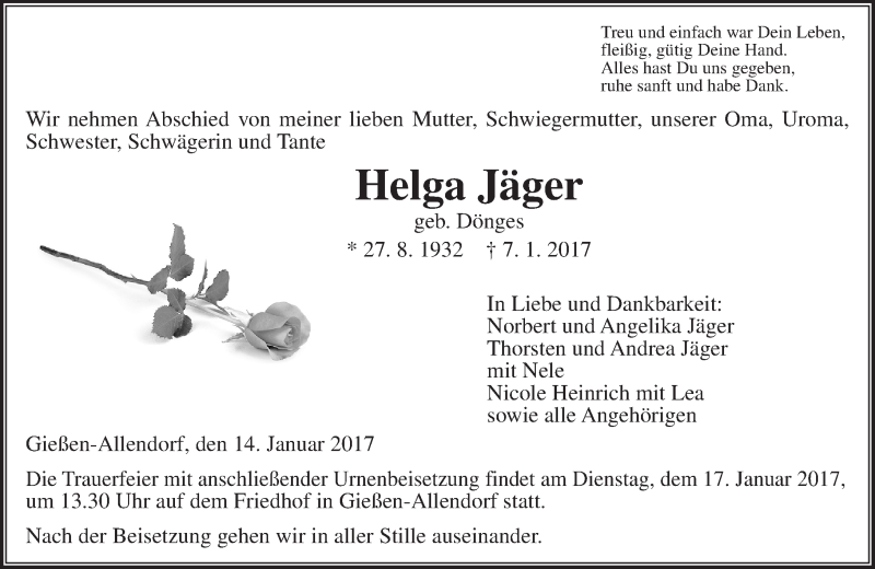  Traueranzeige für Helga Jäger vom 14.01.2017 aus  Gießener Anzeiger