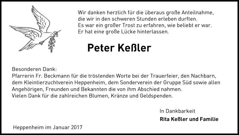  Traueranzeige für Peter Keßler vom 10.01.2017 aus Trauerportal Echo Online