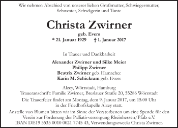 Traueranzeige von Christa Zwirner von Trauerportal Rhein Main Presse