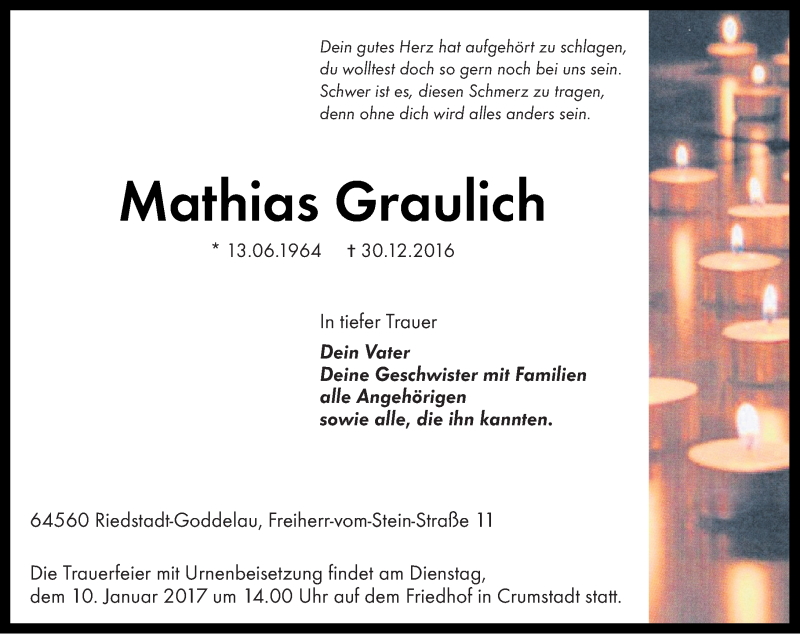  Traueranzeige für Mathias Graulich vom 07.01.2017 aus Trauerportal Echo Online