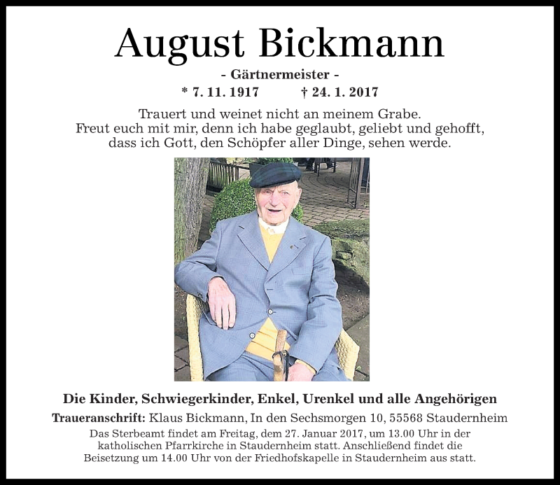  Traueranzeige für August Bickmann vom 26.01.2017 aus Trauerportal Rhein Main Presse