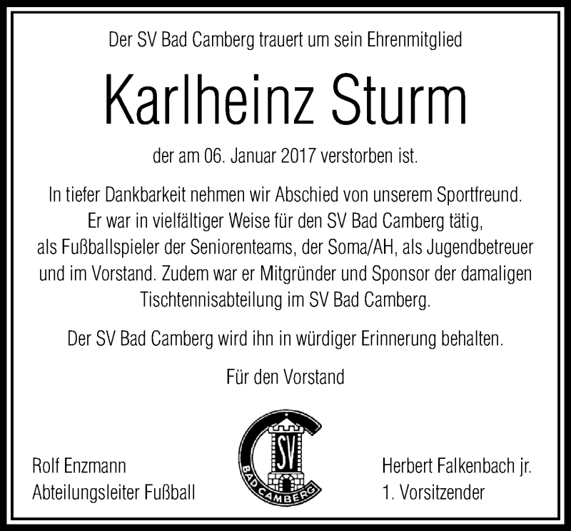  Traueranzeige für Karlheinz Sturm vom 19.01.2017 aus  Camberger Anzeiger