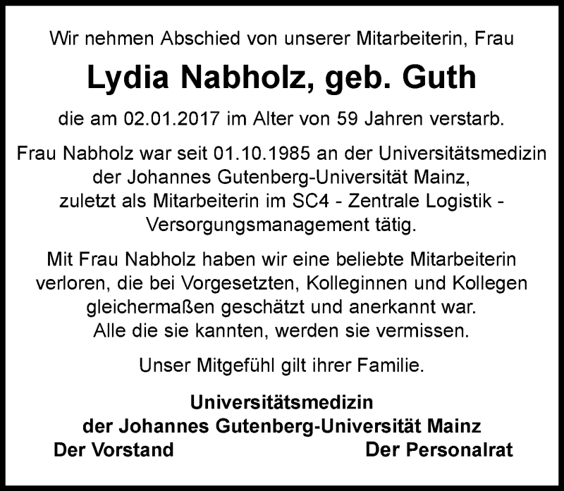  Traueranzeige für Lydia Nabholz vom 07.01.2017 aus Trauerportal Rhein Main Presse