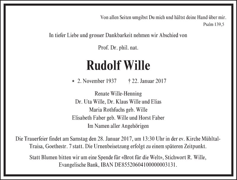  Traueranzeige für Rudolf Wille vom 25.01.2017 aus Trauerportal Echo Online