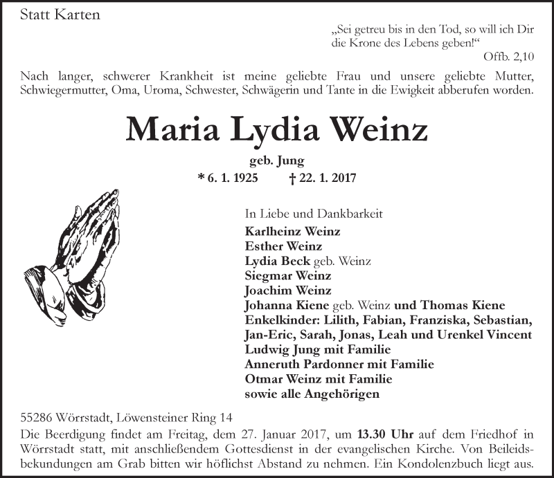  Traueranzeige für Maria Lydia Weinz vom 24.01.2017 aus Trauerportal Rhein Main Presse