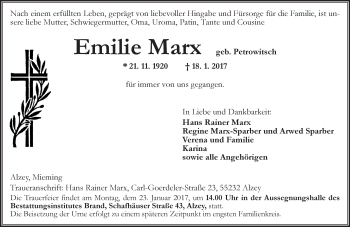 Traueranzeige von Emilie Marx von Trauerportal Rhein Main Presse