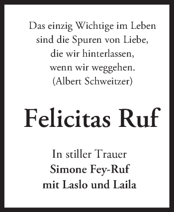 Traueranzeige von Felicitas Ruf von Trauerportal Rhein Main Presse