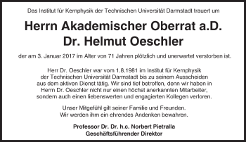 Traueranzeige von Helmut Oeschler von Trauerportal Echo Online
