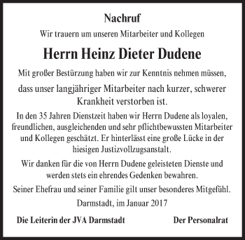Traueranzeige von Heinz Dieter Dudene von Trauerportal Echo Online